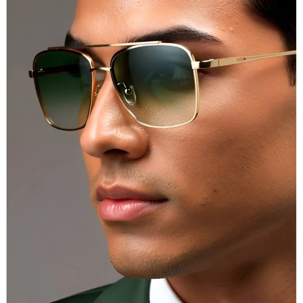 Gold Metal Aviator Sunglasses Gradient Green Lenses‎ Double Bridge Men's Fashion